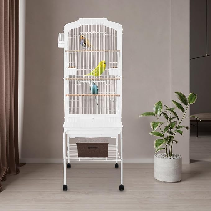 Large Bird Cage with Wheels Parrot Cages for Large Birds Iron Bird Cage with Stand Outdoor Birdcages with Tray, Feeding Bowls & Waterer Big Bird Cages for Parakeets, Lovebird & Pigeon (White)