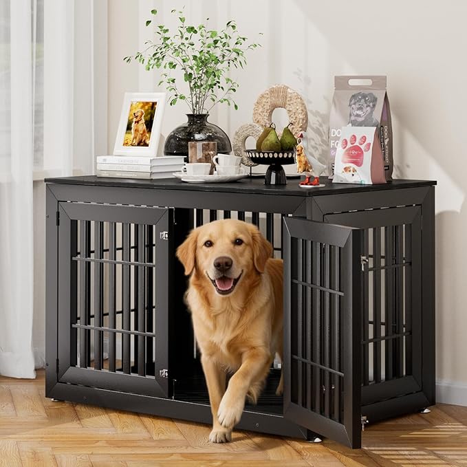 48" Heavy Duty Dog Crate Furniture for Small,Medium and Large Dogs,Rustic Wooden Dog Cage Kennel Indoor Furniture with Waterproof Top,Decorative Pet House Side End Table (Black)