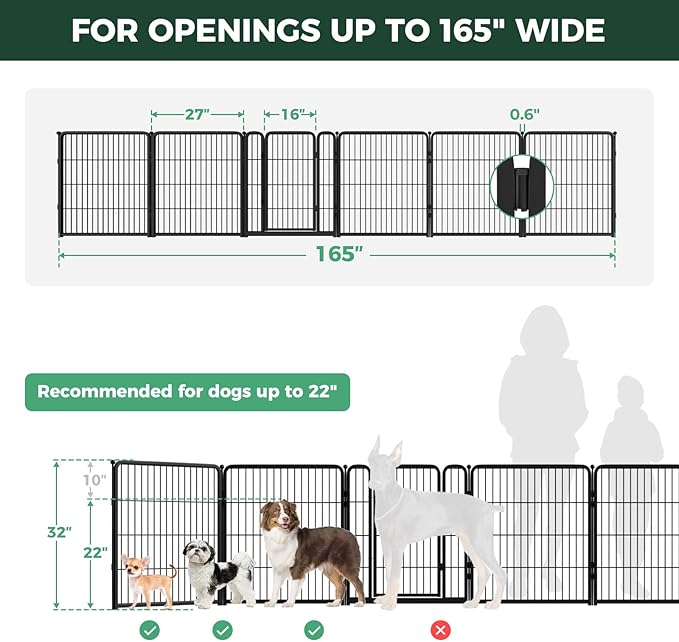 FXW Dog Gate Extra Wide Designed for Indoor Use, Adjustable Width Up to 165-inch Wide (32" H 6 Wire Panels for Small and Medium Dogs), Black