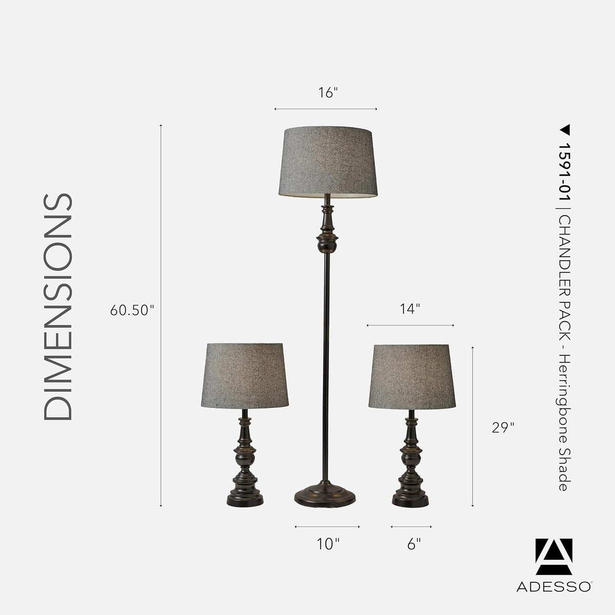 Adesso 3-Piece Lamp Set, Bronze & Dark Herringbone, Table and Floor