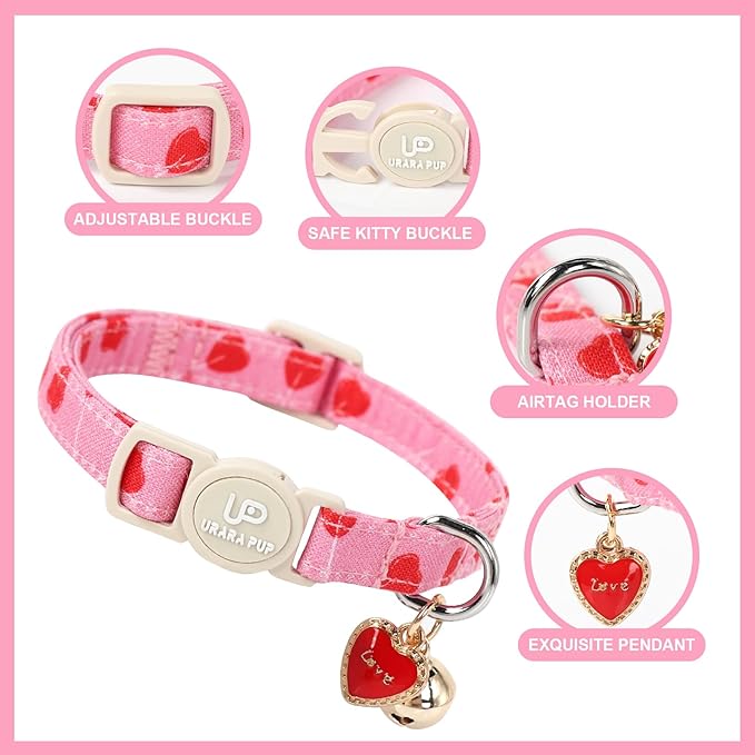 Cat Collar, 2 Pack Cat Collars-Cute Breakaway Cat Collar with Bell & Pendant, Valentine's Day Kitten Collars Pink Hearts with Safety Buckle for Girl and Boy Cats, 7-12Inch