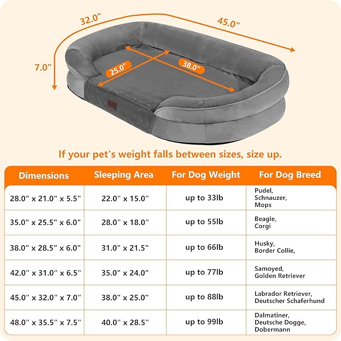 Dwanton Orthopedic Dog Bed for Extra Large Dogs with Gel Memory Foam, Waterproof Dog Sofa, Washable Pet Bed with Four Sided Bolster Cushion, Removable Cover & Non-Slip Bottom, 45", Medium Gray