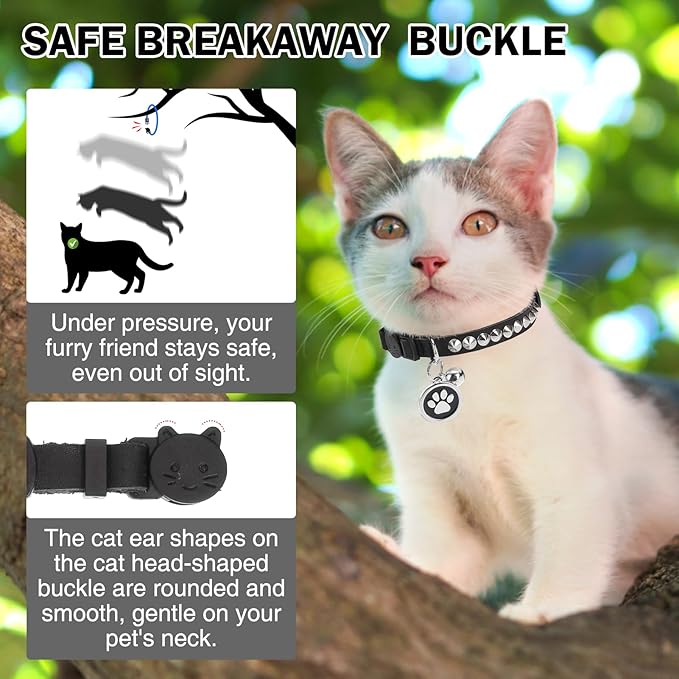 Leather Personalized Breakaway Cat Collar with Studded Bell and Safety Quick Release Buckle - Rivets Studded ID DIY Collars for Boy Girl Cats Kittens, Black XS