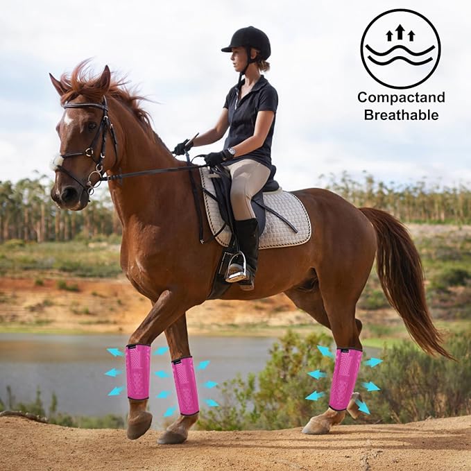 FOXLVDA Horse Fly Boots - Fly Boots for Horses Set of 8, Comfortable Horse Leggings, Mesh Material Design with Metal Support Bars for Reduces Stomping & Leg Fatigue (Green-Rose, Large)