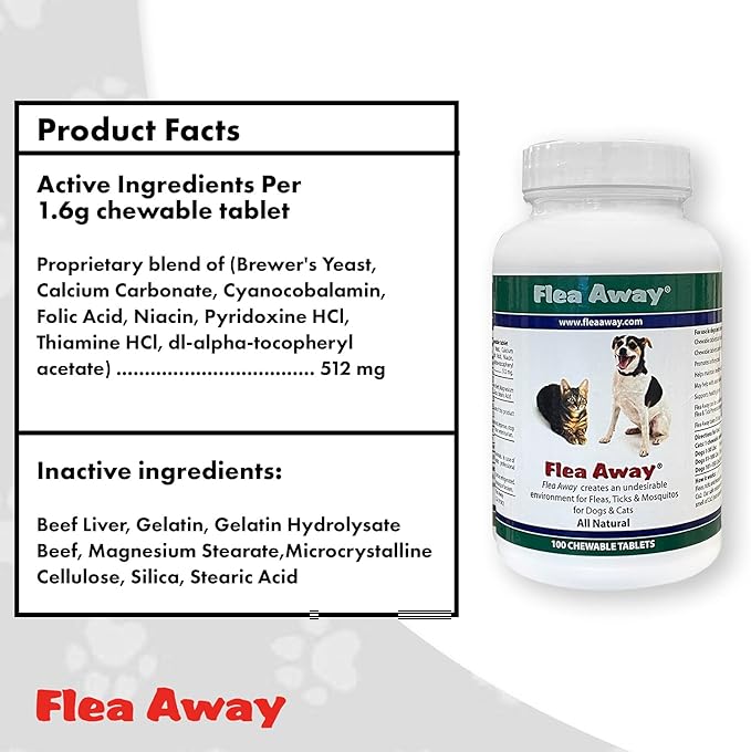 Flea Away All Natural Supplement for Fleas, Ticks, and Mosquitos Prevention for Dogs and Cats, 100 Chewable Treat Tablets, Single (Pack of 2)