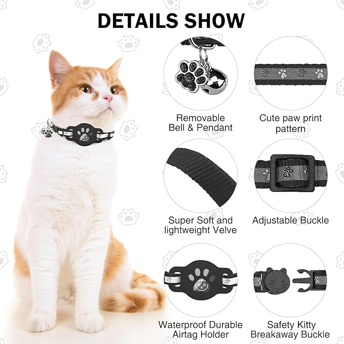 Airtag Cat Collar Breakaway, Reflective Kitten Collar with Bell and Apple Air Tag Holder, GPS Cute Cat Collar, Glow in The Dark Pet Collars for Boy Girl Cats, Kittens, Puppies, Black