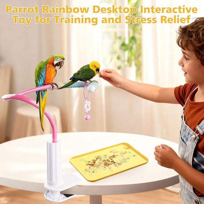 Bird Perch Stand,Bendable Desktop Parrot Training Stand with Tray,Easy to Clean Bird Tabletop Platform Toy,Parakeet Playground Play Stand for Lovebirds Pigeon Budgies,Small Animals