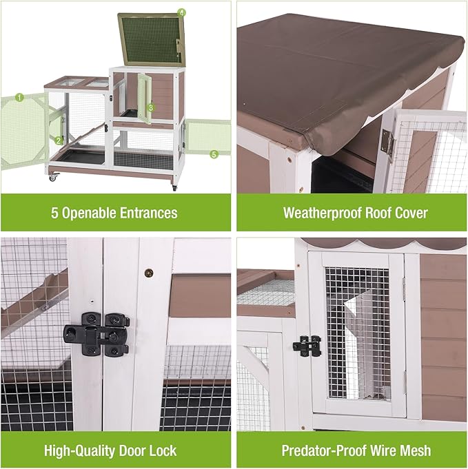 Gutinneen 2-Story Rabbit Hutch Bunny cage Wooden Rabbit Cage Indoor/Outdoor with Chew-Proof Ramp, 2 Leak-Proof Pull-Out Trays, Lockable Wheels for Rabbits, Guinea Pigs, Small Animals (Brown and White)
