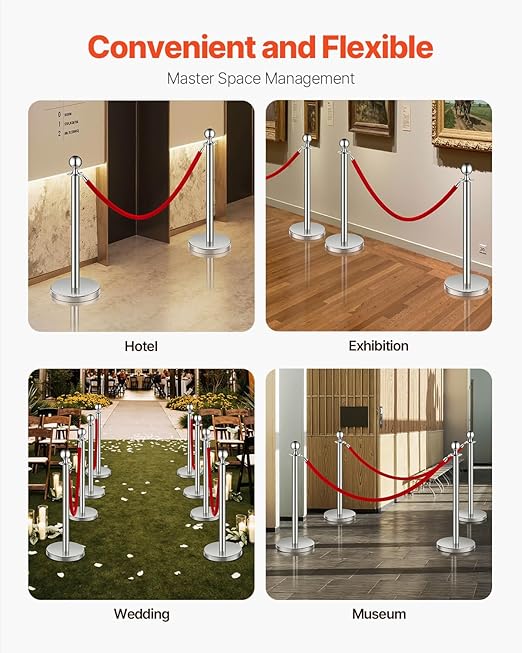 VEVOR Stanchions and Velvet Ropes 4Pcs, Hollow Base with Stainless Steel Post, 2 Red Velvet Ropes and Posts, Crowd Control Barriers Silver Stanchions, Red Carpet Runner Poles for Party Supplies