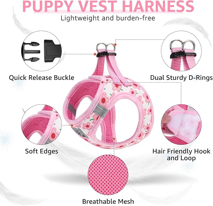 SCENEREAL Small Dog Harness and Leash Collar Set, Step in Soft Light Puppy Vest, Breathable Pet Harness for Small Sized Dogs, No Chock Reflective for Safe Outdoor Walking, Pink Flower M