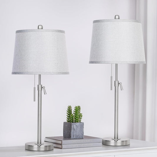 JUNNAI Table Lamps Set of 2, Bedside Lamp Silver Tall Table Lamps for Living Room End Tables, 22" to 30" Adjustable Height Lamp for Bedroom Nightstand Farmhouse with Pull Chain(Bulbs Included)