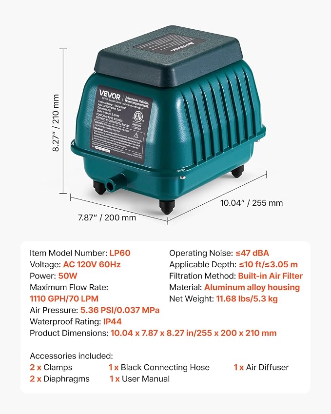 VEVOR Linear Air Pump 1110 GPH | Pond Aerator & Septic Tank Pump