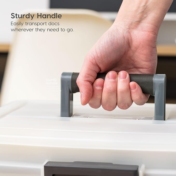 IRIS USA File Box WeatherPro Portable File Organizer Plastic File Box for Letter File w/ Organizer-Lid, Durable Lid and Seal w/ Secure Latching Buckles, Stackable and Nestable, Pearl 19 Qt. 1 Pack