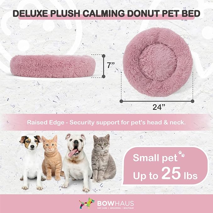 24/30 Inch Calming Donut Pet Bed for Small/Medium Cats and Dogs, Anti-Slip Bottom, Washable, Anti-Anxiety Fluffy Round Cat Bed, Indoor Shaggy Cuddler Cotton Candy Brown, Light Gray, Pink Bed