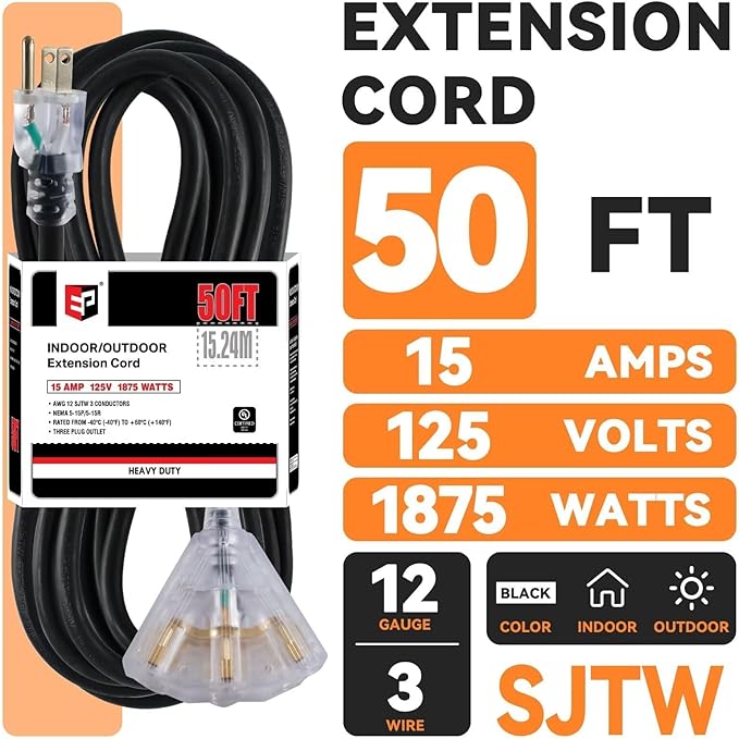 EP 50 Ft Lighted Outdoor Extension Cord with 3 Electrical Power Outlets - 12/3 SJTW Heavy Duty Black Extension Cable with 3 Prong Grounded Plug for Safety, UL Listed