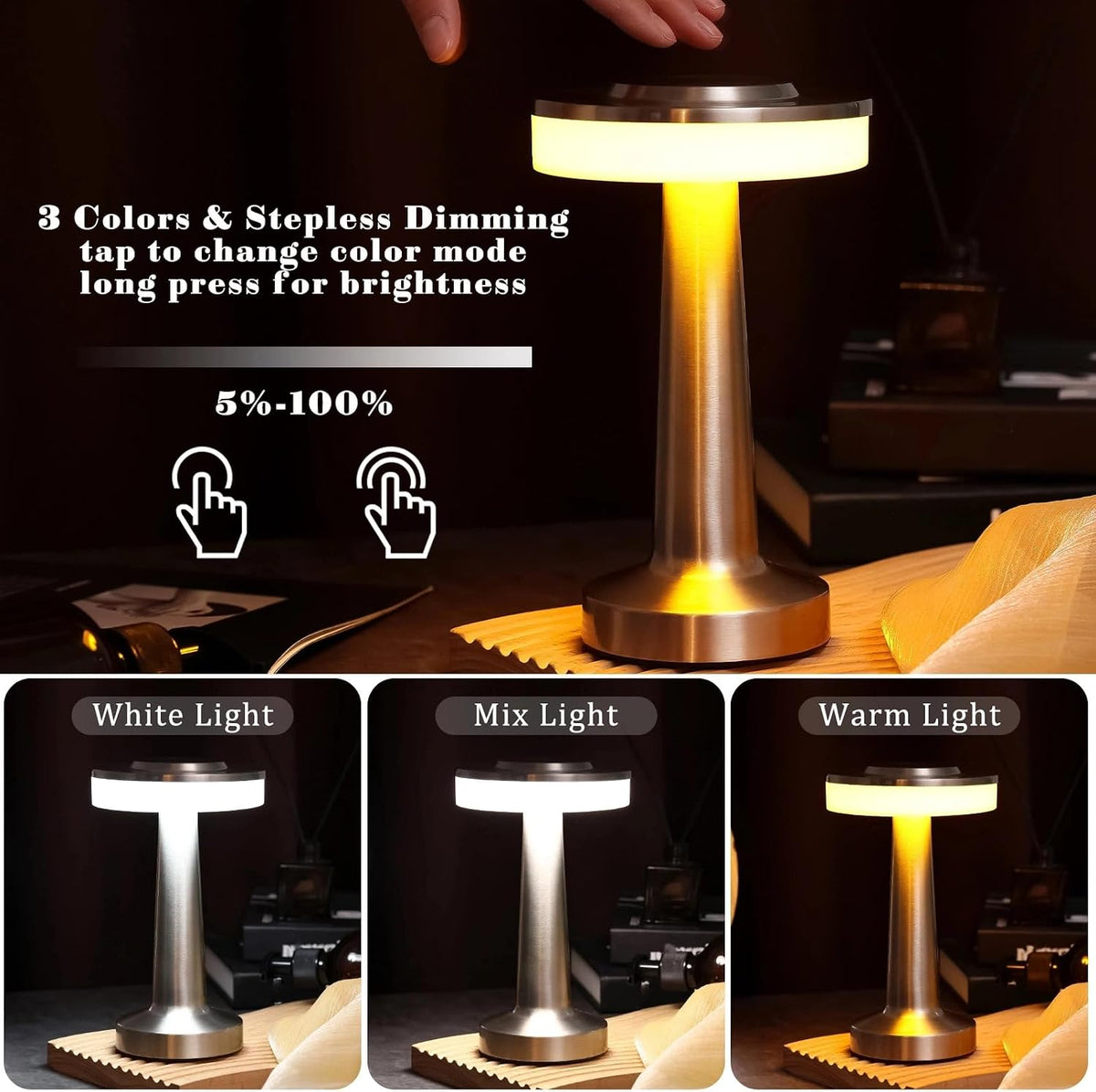 Riakrum 2 Pcs LED Cordless Table Lamp Bulk Rechargeable,Silver