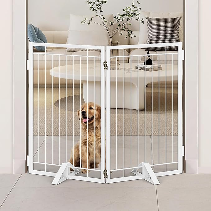 Metal Free Standing Dog Gate with Cat Door for Indoor/Outdoor,40" Extra Wide Foldable Pet Gate,32" Tall Foldable Indoor Dog Fence for Large Openings Stairs,Deck,Yard,Doorways(2 Panels,White)