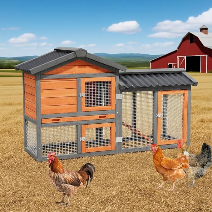 Chicken Coop, Chicken Run,Small Wooden Duck Coop Outdoor 2-Tier Hen House All Weather Used Poultry Quail Cage Rabbit Pet Hutch House with Ramp for Small Animals Outside (Brown with Black)