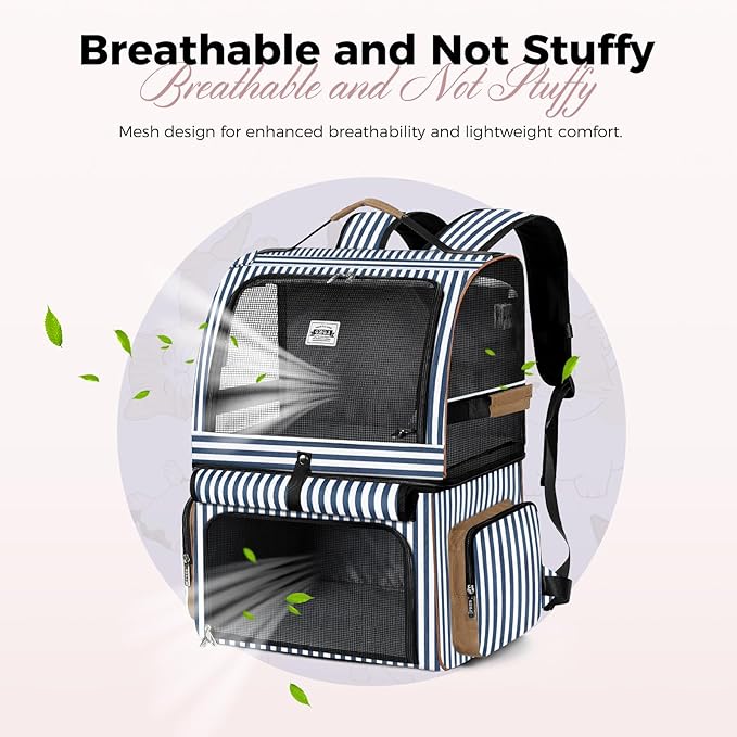Lekebobor Double Cat Backpack Carrier for 2 Cats, Double-Compartment Pet Carrier Backpack for 2 Small Cat or One Medium Cat, Cats Carrier Backpack Dog Carrier Backpack Fits Up to 24 Lbs,Blue Striped