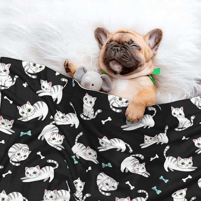 Double Sided Plush Pet Blanket with Cozy Dot Texture and Smooth Reverse, White Cute Cats, Reversible Throw for Dogs Cats on Couches Beds Crates