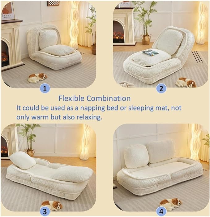 Adjustable 5-Position Human Dog Bed for People, Big Comfy Plush Floor Gaming Lazy Sofa Chair with Pillows & Back Support, Foldable Lounge Loveseat Couch for Living Room Bedroom (White)