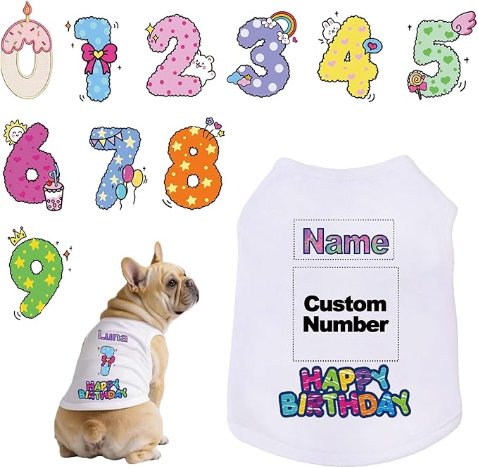 Custom Dog Birthday Shirt,Personalized Pet Apparel Print with Name Age Number,Pet Birthday Outfit,Lightweight Breathable Cotton Vest for Small Medium Large Dogs Cat (White, 6X-Large)
