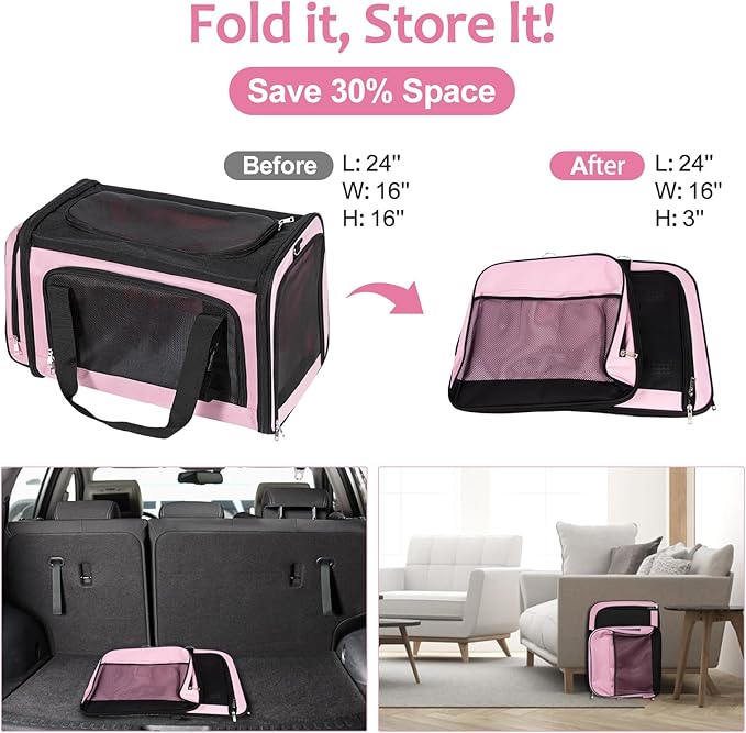 Discala Extra Large Cat Carrier for 2 Cats, Pet Carrier, Dog Carrier for Small Dogs, Cat Carrier Soft, Collapsible Large Pet Carrier for Traveling Indoor and Outdoor Uses - Pink 24"x16"x16"