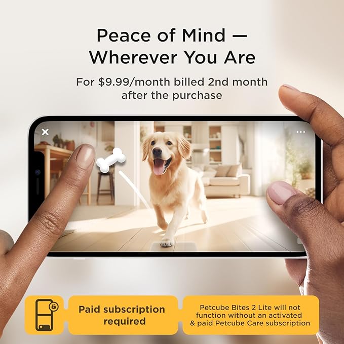 Petcube Bites 2 Lite + Extra Care Service with Smart Alerts [Paid in-App Subscription] | Interactive WiFi Pet Monitoring Camera with Phone App and Treat Dispenser, 1080p HD Video, Night Vision