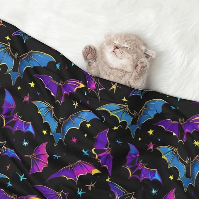 Double Sided Pet Bed Blanket for Added Cushion Warmth, Halloween Cool Bats, Reversible Cover with Textured Dot Surface for Existing Beds Standalone Mat