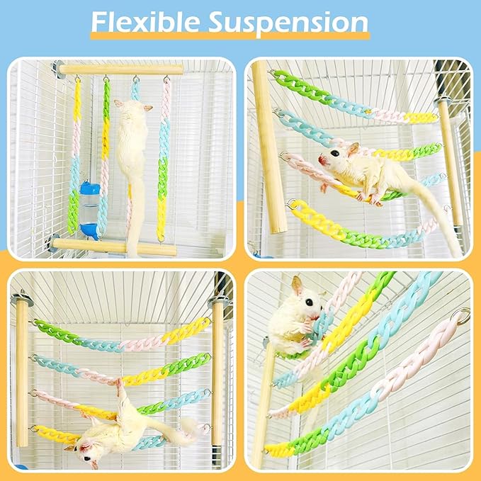 Sugar Glider Climbing Toys, Natural Wood with Sturdy Colorful Chains Hanging Toys Sugar Glider Cage Accessories, Wobble-Free Rat Enrichment Toys for Small Animals and Parrots (1pc)