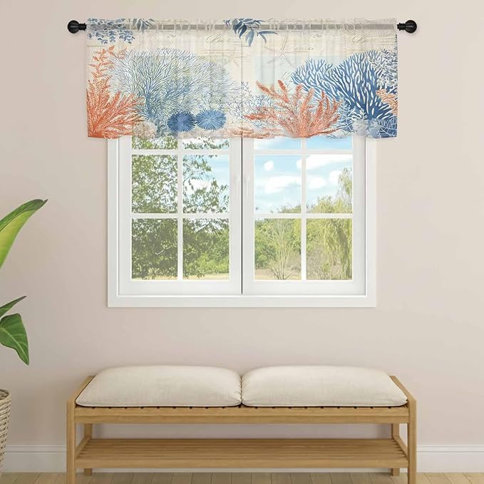 Ocean Corals Sheer Valance Curtains, Summer Beach Coral Sea Stars Retro Texture