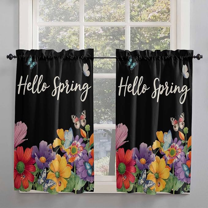 Spring Flowers Kitchen Curtains 54 Inches Length, Watercolor Country Colorful