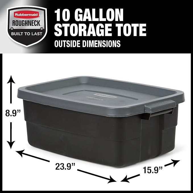 Rubbermaid 6-Pack Totes for Storage with Lids, Heavy Duty Plastic Storage Bins with Lids, Black Gray, 10 GAL - Stackable for Garage, Attic, Camping (10 GAL - 6 Pack Solid Black and Grey)