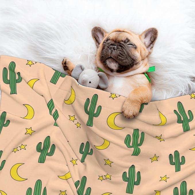 Pet Blanket for Travel and Home, Cactuses Moon, Reversible Plush Dot Design with Soft Grip Texture on One Side Perfect for Car Seats Moving Vehicles