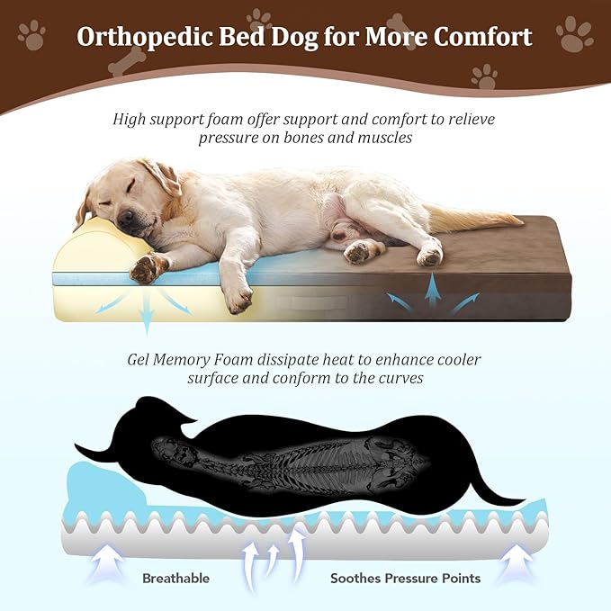 Orthopedic Dog Bed - 7.87-inch Thick Gel Memory Foam with Pillow, Durable Flannel Fabric and Removable Cover & Waterproof Liner for Large Dogs