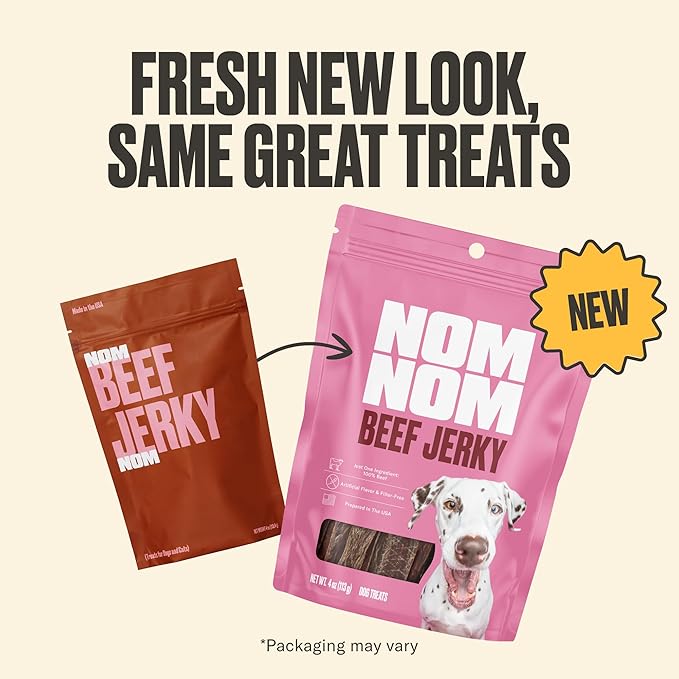 Nom Nom Beef Jerky Treats - All-Natural Dog Snacks for Training, Rewards, and Mealtime Toppers - Non-GMO, No Fillers, Preservatives or Added Ingredients - Prepared in the USA for Dogs
