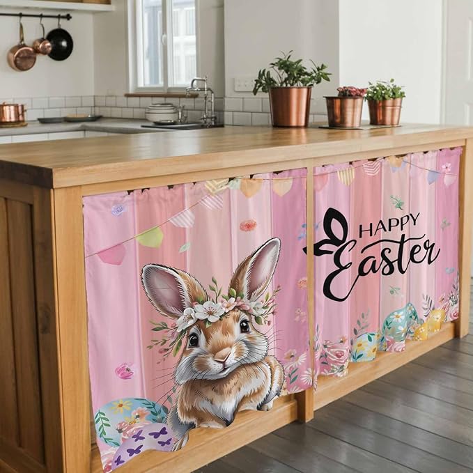 Easter Tier Curtains, Spring Rabbit Eggs Flowers Flags Leaves Wood Grain Light
