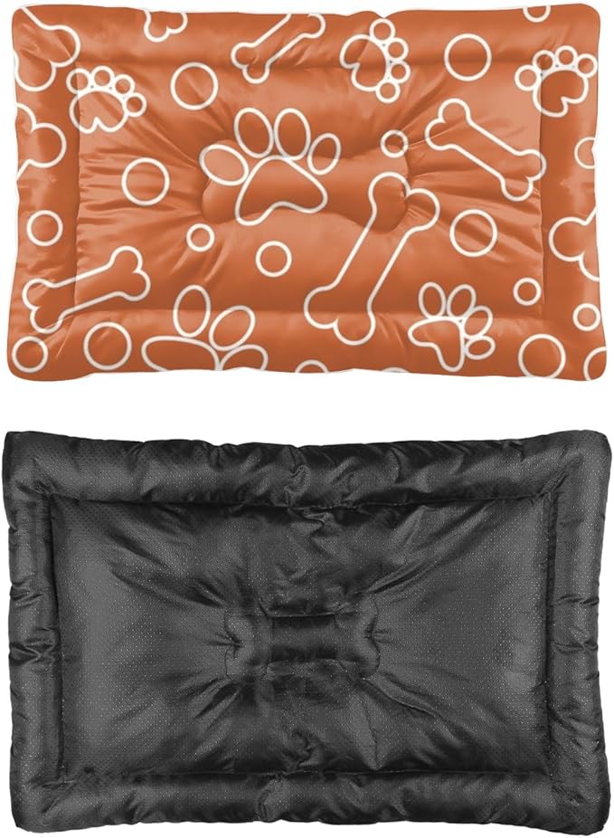Orange Paw Print Bone Fuzzy Dog Bed Pet Bed Mats Pet Padssoft Dog Crate Beds for Small Dogs Crate Washable Non-Slip Doggie Beds Outdoor Mat Dogs Tapete para Perros Indoor Outdoor 24X18 Inch