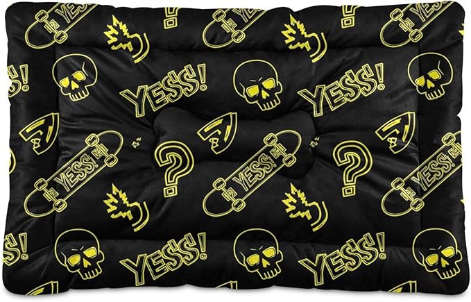 Emelivor Skateboard Skull Black Dog Cat Bed Washable Crate Pet Bed Anti-Slip Comfortable Breathable Crate Kennel Pad for Large Medium Small Dogs Cat,36x24in