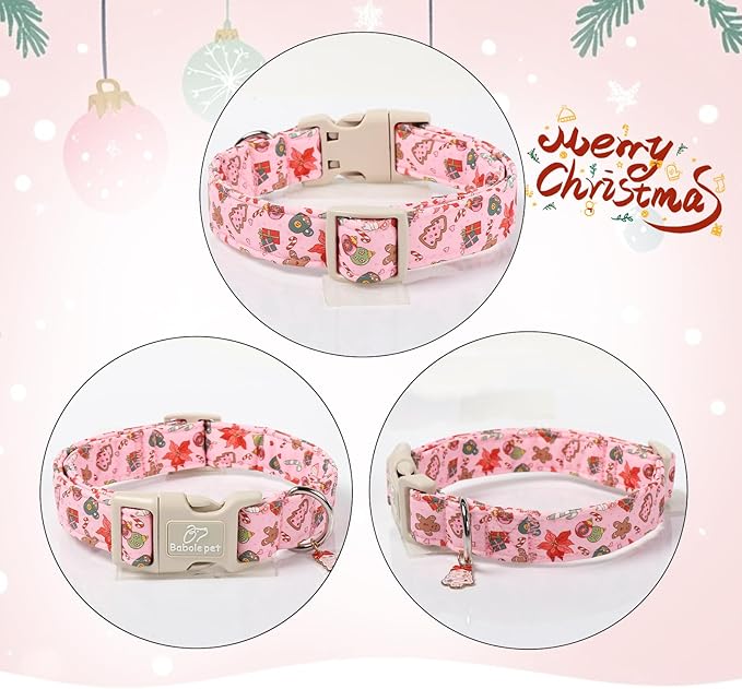 Christmas Dog Collar - Cute Pink Cozy Christmas Puppy Collar with Safety Buckle, Soft Adjustable Holiday Dog Collars for Small Medium Large Dogs L