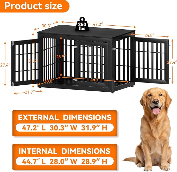 48" Heavy Duty Dog Crate Furniture for Small,Medium and Large Dogs,Rustic Wooden Dog Cage Kennel Indoor Furniture with Waterproof Top,Decorative Pet House Side End Table (Black)