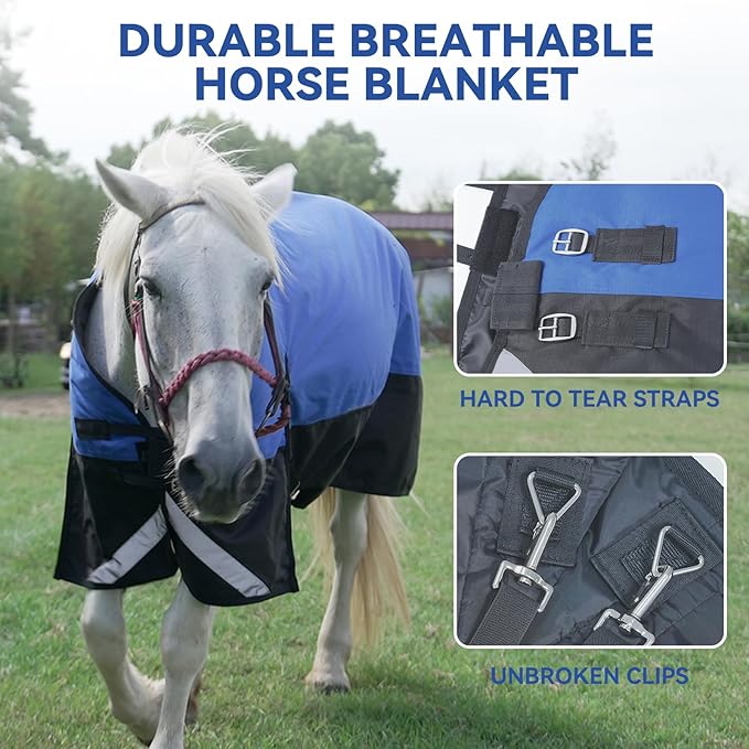 72” Winter Horse Blanket, 1200D Waterproof Poly Horse Turnout Blanket, Tear-Resistant Warmth Horse Blanket with Snuggit 220G Filling, Breathable Thick Turnout Blankets for Horse