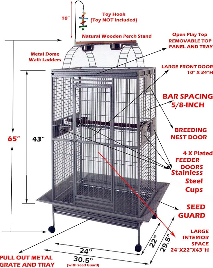 4-Size / 2-Color, Large Double Ladders Open Play Top Wrought Iron Bird Parrot Parttot Finch Macaw Cockatoo Cage, Include Seed Guard and Toy Hook