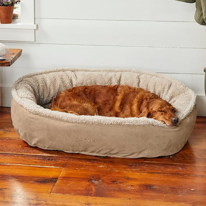 Orvis ComfortFill-Eco Fleece Wraparound Dog Bed - Soft Dog Beds with 360-Degree Support for Small, Medium, Large Dogs, Khaki - M