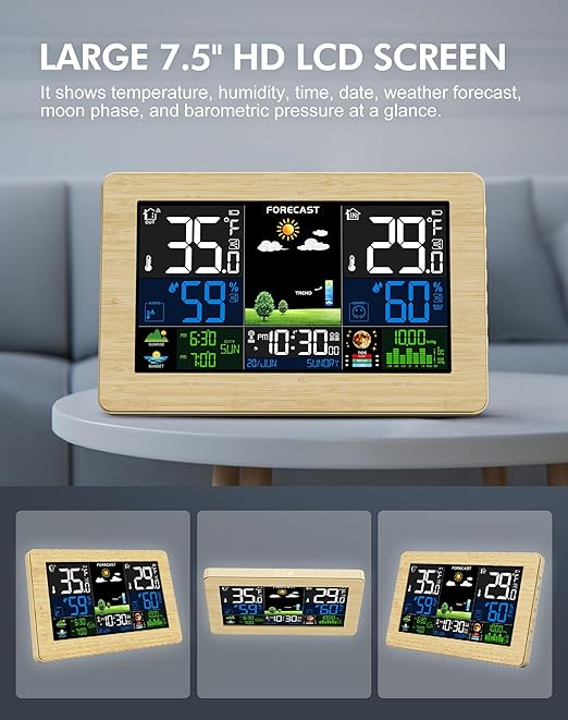 Weather Station Wireless Indoor Outdoor Thermometer, Digital Thermometer with Remote Sensor, Large Display Home Weather Stations with Weather Forecast, Atomic Clock, Barometric Pressure, Moon Phase