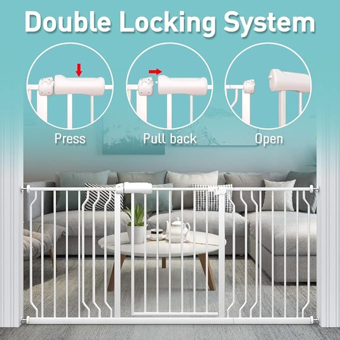 WAOWAO Baby Gate 57.48-62.17" Extra Wide Pressure Mounted Walk Through Swing Auto Close Safety White Metal Toddler Kids Child Dog Pet Puppy for Stairs,Doorways,Kitchen