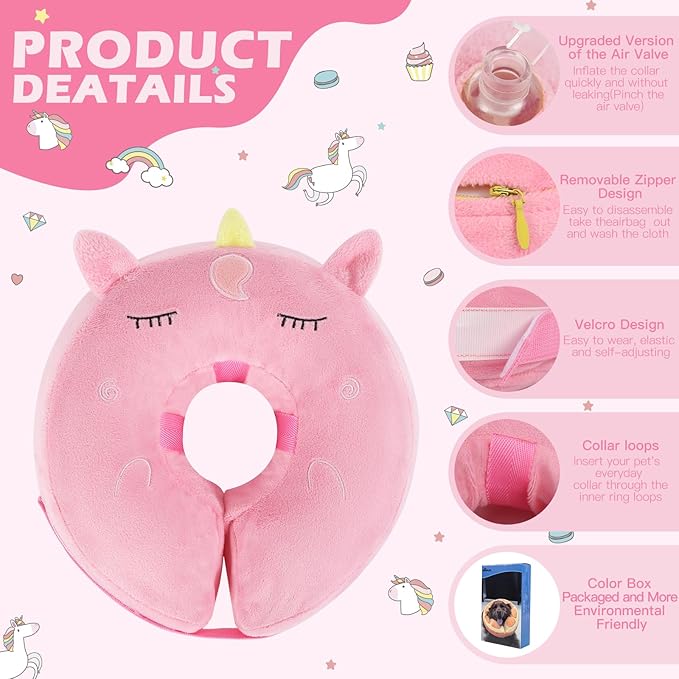 IEUUMLER Inflatable Recovery Dog Collar, Protective Donut Cone, Adjustable Soft Collar for Dog and Cat After Surgery Prevent from Biting & Scratching EU002 - Unicorn L
