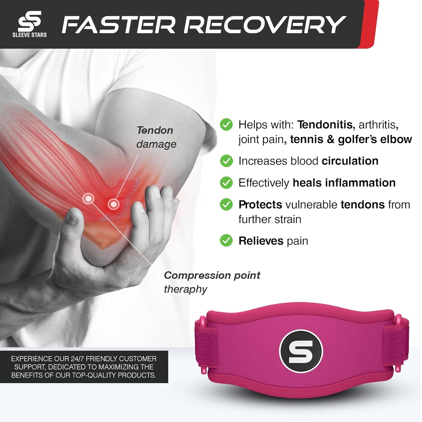Sleeve Stars Tennis Elbow Brace for Women - Adjustable Tennis Elbow Strap, Golfers Elbow Brace for Men, Counterforce Brace for Tendonitis Relief, Fits 9"-23" (Single/Hot Pink)
