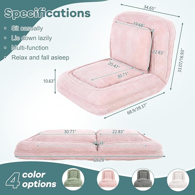 Human Dog Bed for Adults & Pets, 5-Position Adjustable Floor Chair, Convertible Lazy Sofa Bed with Metal Frame & 2 Pillows, Plush Gaming Lounge for Living Room Bedroom Office (Pink)