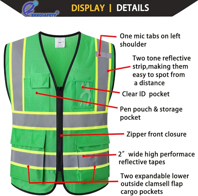 Reflective Mesh Safety Vest for Men Women with 5 Pockets and Zipper Front High Visibility Mesh Vest Hi Vis Construction Work Vest,Meets ANSI/ISEA Standards(EK175-Green-L)